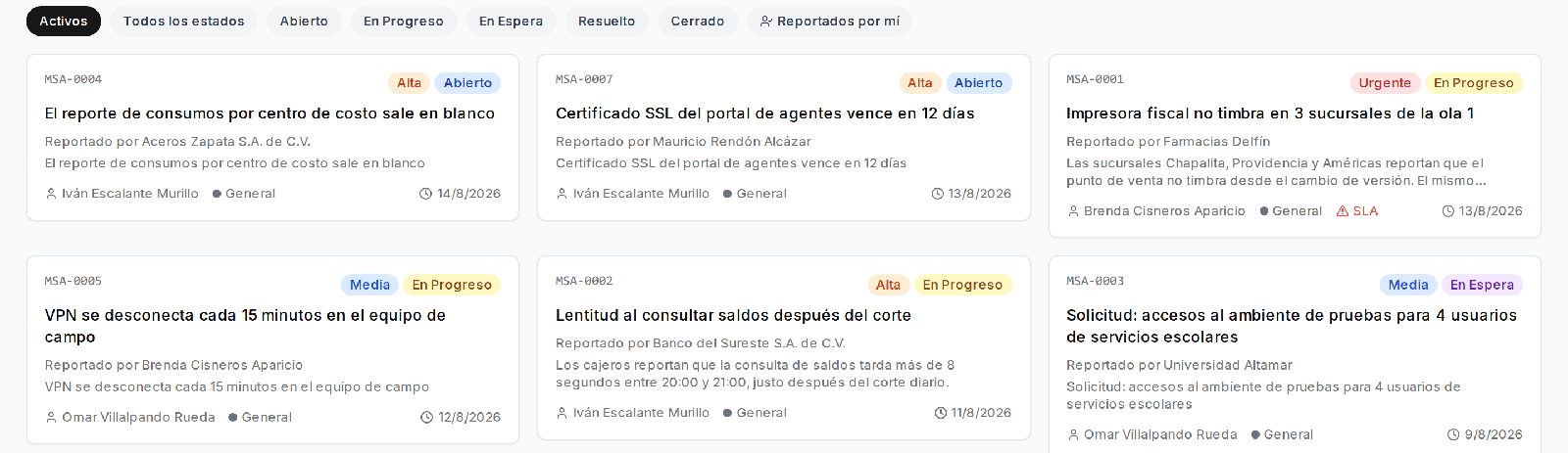 Lista de tickets con prioridad, estado y alerta de SLA